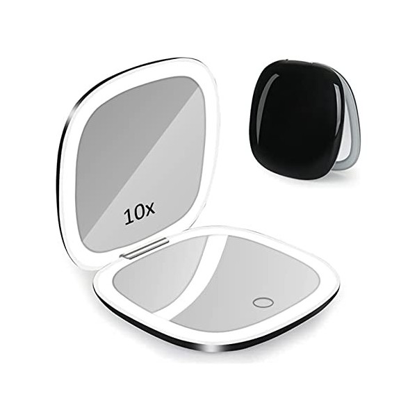 Micacorn Miroir Compact à LED, Grossissement 1X 10X Miroir de Maquillage, Écran Tactile 3 Couleurs Luminosité Réglable Miroir