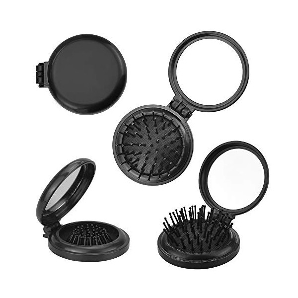 AFASOES 4 Pcs Miroirs de Poche en ABS Brosse Miroirs Ronde Compact Portable Brosse Pliant Cheveux Peigne Pliant en Caoutchouc