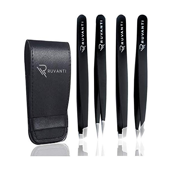 Ruvanti Lot de 4 pinces professionnelles en acier inoxydable - Pince à épiler à sourcils, pointe inclinée, pointue et droite 