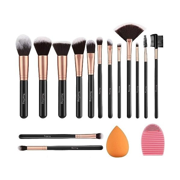 14 PCS Set Pinceaux Maquillage Rose Doré avec Eponge Maquillage et Brosse De Nettoyage Synthétiques Haut De Gamme pour fond D