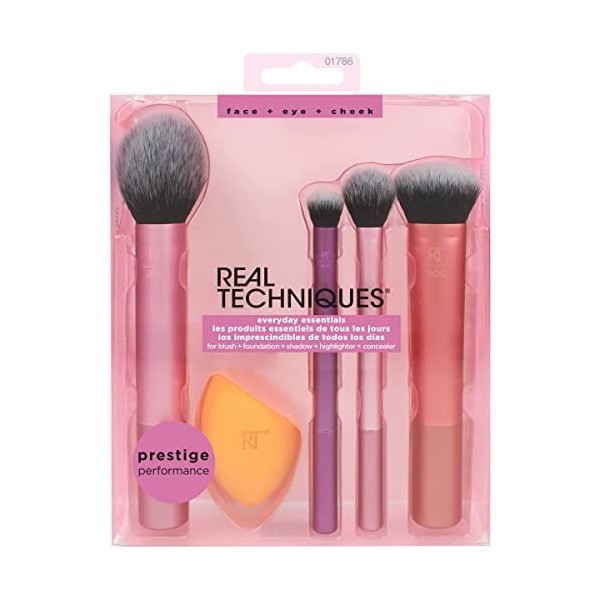 Real Techniques Essentiels du Quotidien - lot de 4 pinceaux pour blush et éponge teint miracle