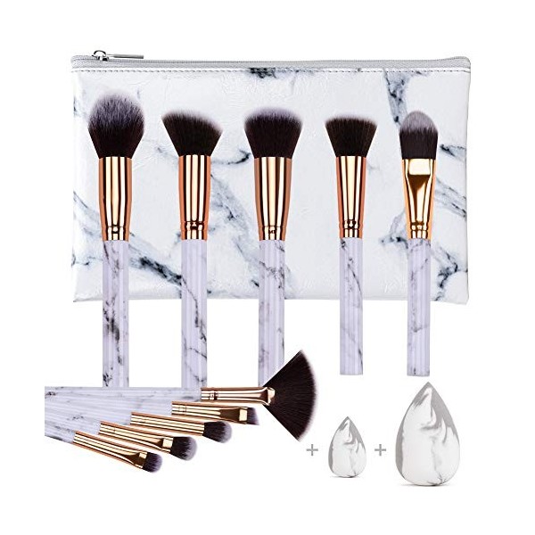 HEYMKGO Pinceaux Maquillages Set Professionnel Kit ,Yeux Pinceau Blush Fond de Teint, 10 Pinceaux + 2 éponges Maquillage + Sa