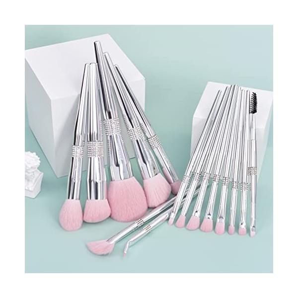 Bueart Design Lot de 11 pinceaux de maquillage professionnels en strass argentés avec support pour pinceaux de maquillage en 