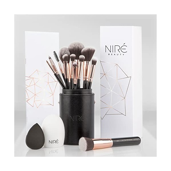 Niré Beauty Kit Artiste 15pcs : Kit De Pinceaux De Maquillage Professionnel Et Leur Étuis De Rangement. Inclus : éponge de ma