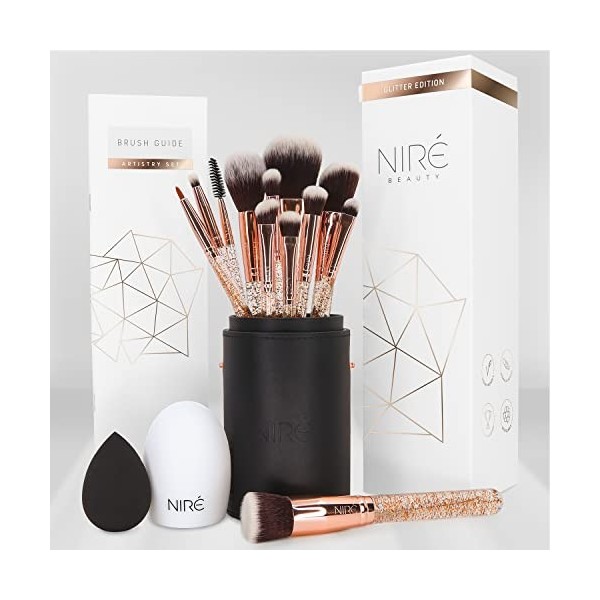 Niré Beauty Kit Artiste 15pcs : Kit De Pinceaux De Maquillage Professionnel Et Leur Étuis De Rangement. Inclus : éponge de ma