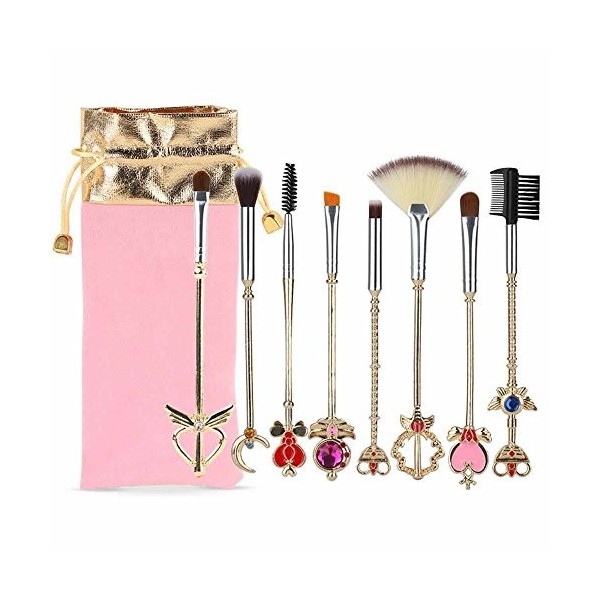 Coshine 8pcs Sailor Moon or pinceau de maquillage avec pochette, Magical Girl maquillage cosmétique pinceaux avec pochette ro