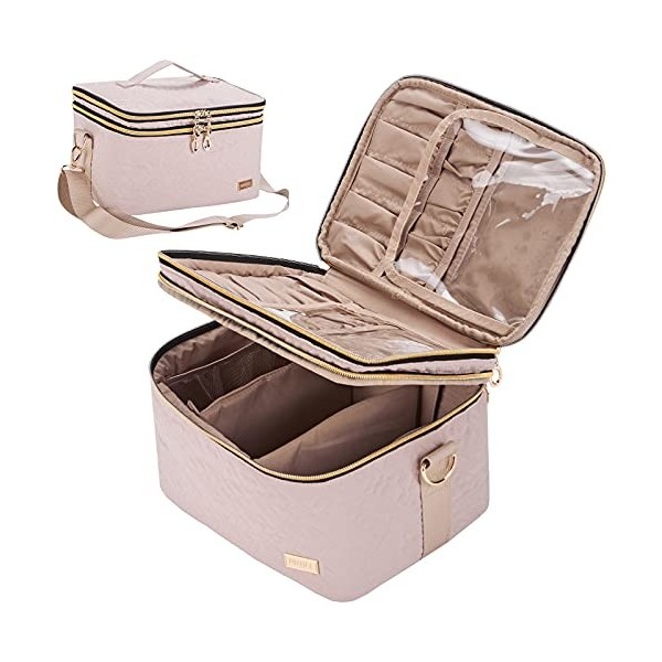 NISHEL Trousse de maquillage de voyage double couche avec sangle, grande trousse de maquillage pour bouteilles verticalement,