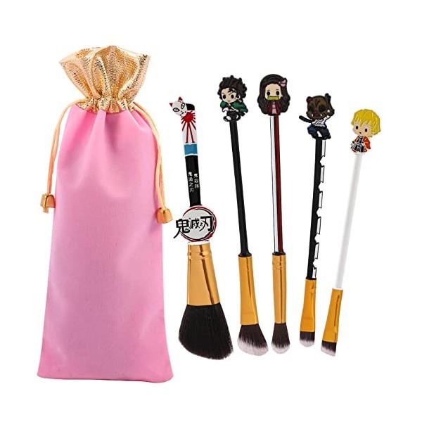 Demon Slayer Lot de 5 pinceaux de maquillage – Pinceaux de maquillage Kimetsu No Yaiba avec manche en métal – Cadeau pour les