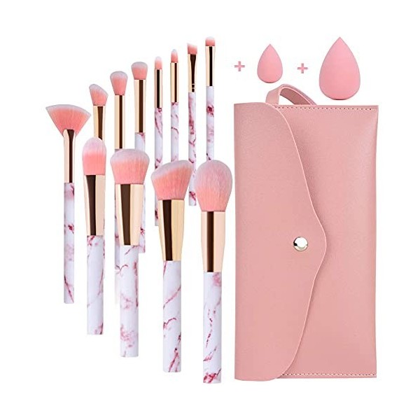 Pinceuax Maquillage Start Makers Lot de 12 pinceaux maquillages professionnel Marbre Rose avec correcteur de fond de teint Pi