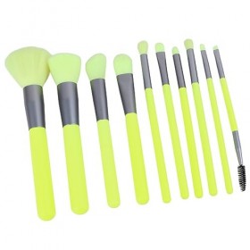 Pinceaux de Maquillage pour le Visage, Ensemble de Pinceaux de Maquillage Blush 10pcs Manche en Bois Vert Fluo Synthétique po