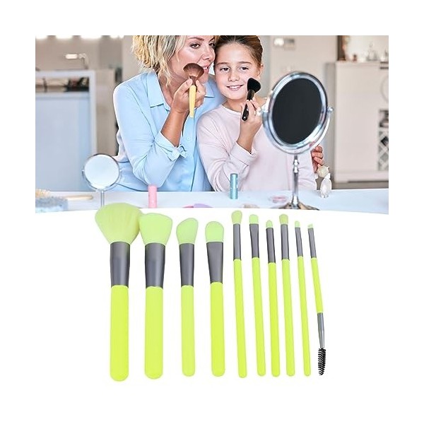 Ensemble de Pinceaux de Maquillage en Poudre, 10pcs Manche en Bois Synthétique Fond de Teint Multifonctionnel Vert Fluorescen