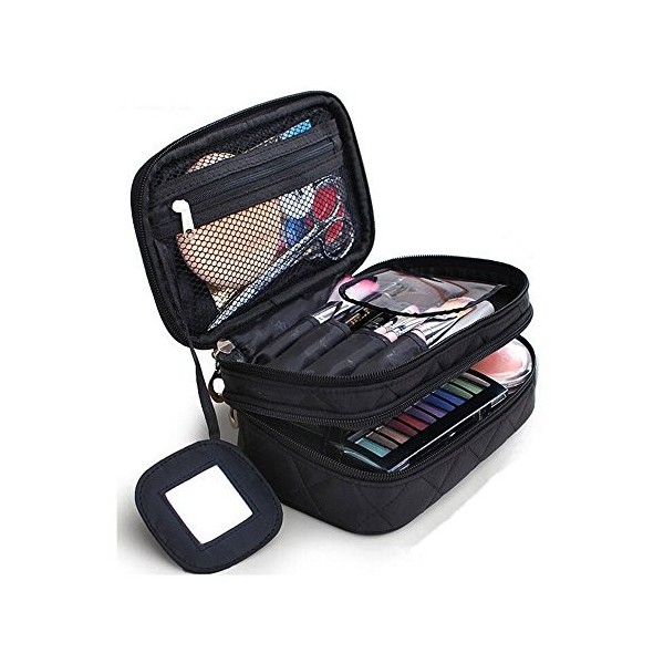 Trousse Maquillage, ONEGenug Sac Cosmétique 20 * 12 * 8 cm Double Couche avec Miroir pour Femme Noir