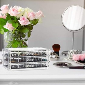 relaxdays 10025095_50 Organiseur de Maquillage, Make-Up, 3 tiroirs, Rangement cosmétique, boîte, Acrylique, Bijoux, Transpare