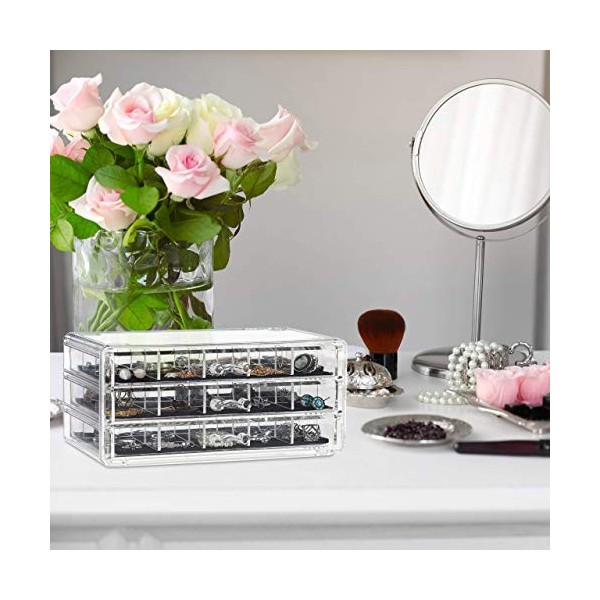 relaxdays 10025095_50 Organiseur de Maquillage, Make-Up, 3 tiroirs, Rangement cosmétique, boîte, Acrylique, Bijoux, Transpare