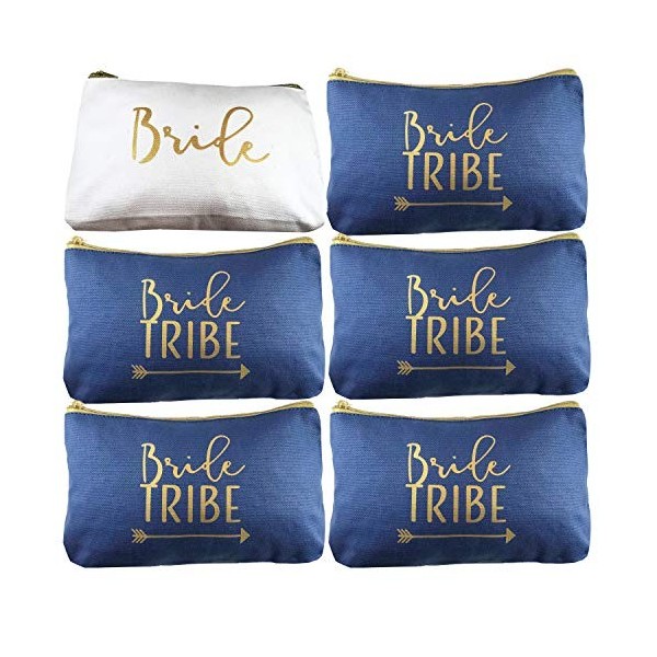 Lot de 6 trousses de maquillage en toile bleu marine Bride Tribe pour demoiselle dhonneur et demoiselles dhonneur