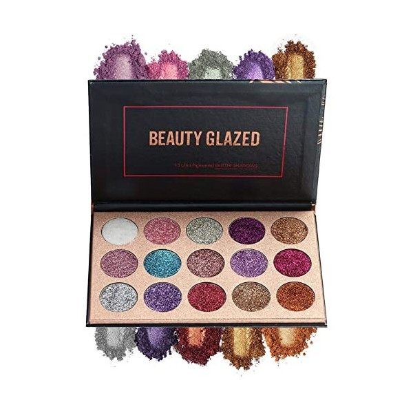 BEAUTY GLAZED 15 Couleurs Longue Durée Glitter Palette de Ombre a Paupiere Eyeshadow Shimmer Fard a Paupiere Brillant Maquill