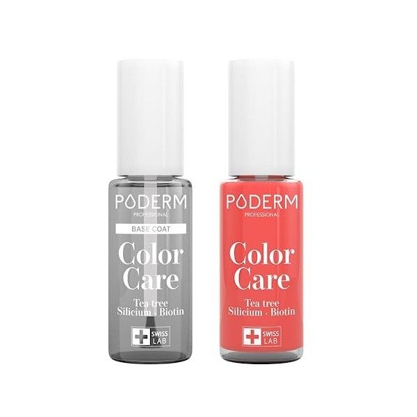 PODERM - LOT 2 PRODUITS | SOIN VERNIS PROFESSIONNEL | Base Coat Tenue Parfaite + Vernis ROSE CORAIL Tea Tree | Prévention & T