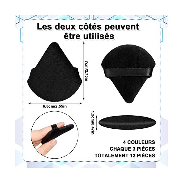 Fingertoys 12 Pièces Houpette Maquillage, Houppettes à Poudre Bouffées de Coton de Poudre Visage Usage Sec Humide Triangle Pu