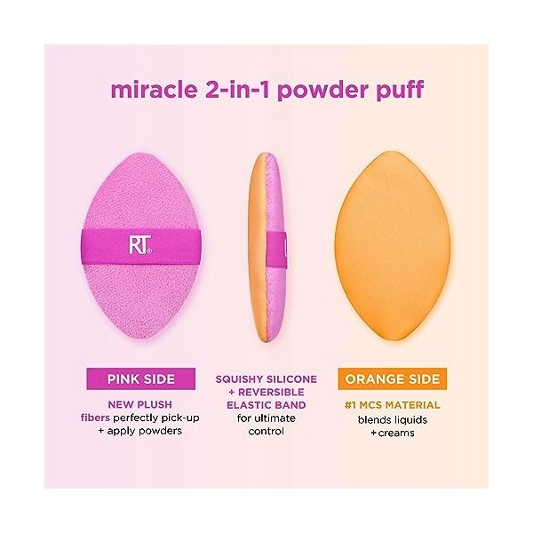 Real Techniques Miracle Houppe à poudre 2 en 1, double face, bande élastique réversible, éponge de maquillage de précision et