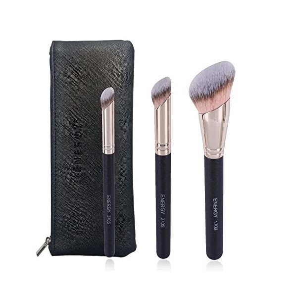 ENERGY Set Pinceaux Maquillages 3 en 1 avec Pochette de Voyage Portable, Comprenant un Pinceau Fond de Teint, un Pinceau Corr