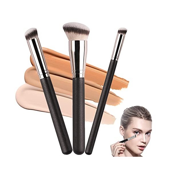 3Pcs Pinceau Fond de Teint, Pinceau Anticernes, Pinceau de Maquillage Professionnel pour Maquillage du Visage, Foundation Bru