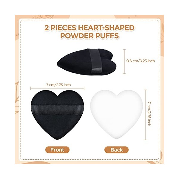 Lot de 2 mini houppettes en forme de cœur pour poudre comprimée, poudre minérale, maquillage humide et sec noir et blanc 