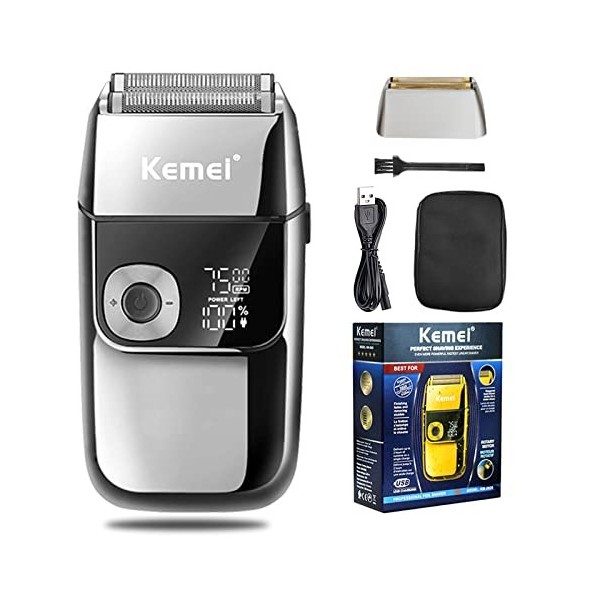 Kemei Rasoir électrique pour homme, sans fil, rechargeable, lavable, USB, affichage LED, feuille de lithium, avec étui de voy