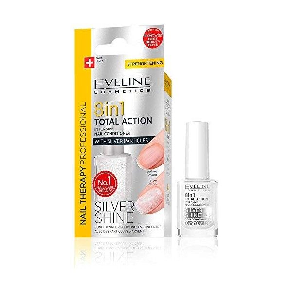 Eveline 8 in 1 Total Action Nail Conditioner with silver flecks, 12 ml