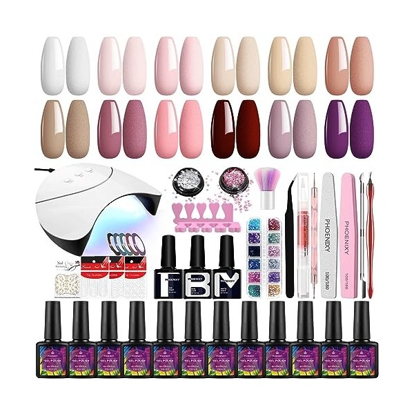 Kit Vernis Semi Permanent Complet avec 36W UV/LED Lampe, Phoenixy 12 Couleurs Vernis à Ongles en Gel Kit Ongle Gel UV Complet