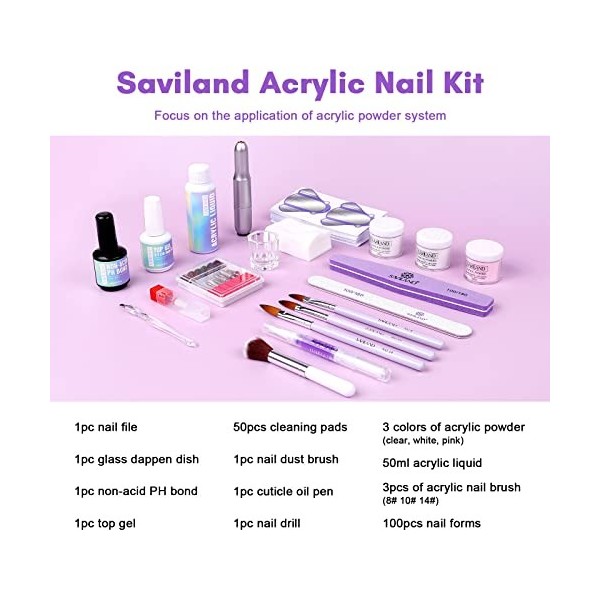 Saviland Kit Poudre Acrylique Ongle + Ponceuse Portable, Clair/Blanc/Rose Poudre Acrylique Super Fine, Liquide et Pinceaux Ac