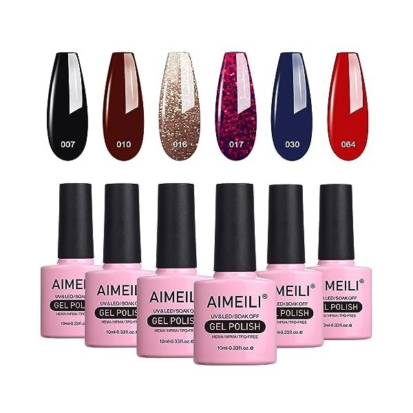 AIMEILI Vernis Semi Permanent Set 6pcs X 10ml Noir Vin Rouge Bleu Paillettes, Lot Vernis à Ongles Gel Soak Off UV LED Manucur