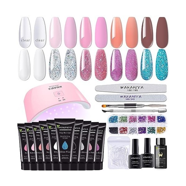 Lot de 10 ongles en gel poly avec lampe - 10 couleurs - Nude rose - Kit dextension dongles avec base supérieure - Solution 