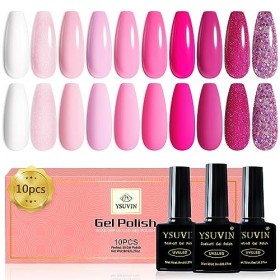 YSUVIN Vernis Semi Permanent Rose, 6 Couleurs Neon Rose Pourpre Pêche Bébé Rose Brillant White Vernis à Ongles Soak Off UV/LE