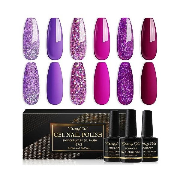 Shining She Vernis Semi Permanent Violet, 6 Couleurs Violet Rose-Mauve Foncé Paillettes Gel UV Semi Permanent Soak Off UV/LED