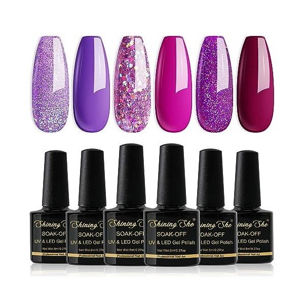 Shining She Vernis Semi Permanent Violet, 6 Couleurs Violet Rose-Mauve Foncé Paillettes Gel UV Semi Permanent Soak Off UV/LED