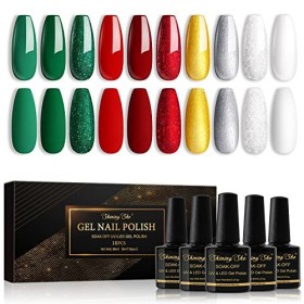 Shining She Vernis Semi Permanent Pailleté Noël, 10 Couleurs Rouge Vert Doré Argenté Blanc Gel UV Semi Permanent Soak Off UV/