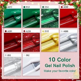 Shining She Vernis Semi Permanent Pailleté Noël, 10 Couleurs Rouge Vert Doré Argenté Blanc Gel UV Semi Permanent Soak Off UV/