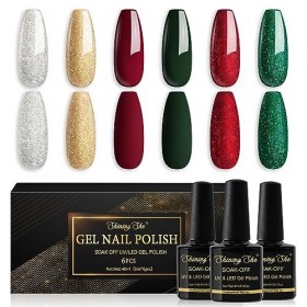 Shining She Vernis Semi Permanent Pailleté Noël, 6 Couleurs Rouge Vert Doré Argenté Gel UV Semi Permanent Soak Off UV/LED Ver