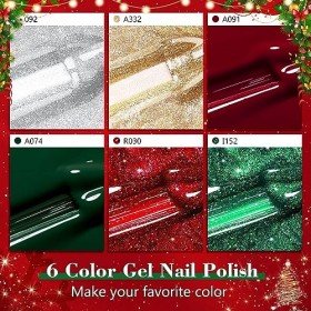Shining She Vernis Semi Permanent Pailleté Noël, 6 Couleurs Rouge Vert Doré Argenté Gel UV Semi Permanent Soak Off UV/LED Ver