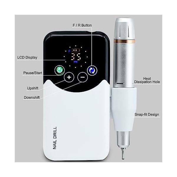 Vnjaoi Portable rechargeable 35000 tr / min Perceuse à ongles électriques Machine de fichiers E professionnelle pour les ongl