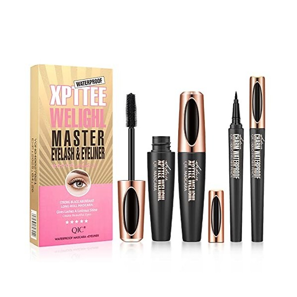 Kit mascara et eye-liner en fibre de soie 4D, RoseFlower Mascara à cils en fibre de soie noire imperméable et anti-taches, ma