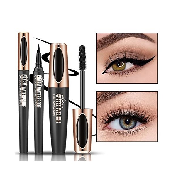 Kit mascara et eye-liner en fibre de soie 4D, RoseFlower Mascara à cils en fibre de soie noire imperméable et anti-taches, ma