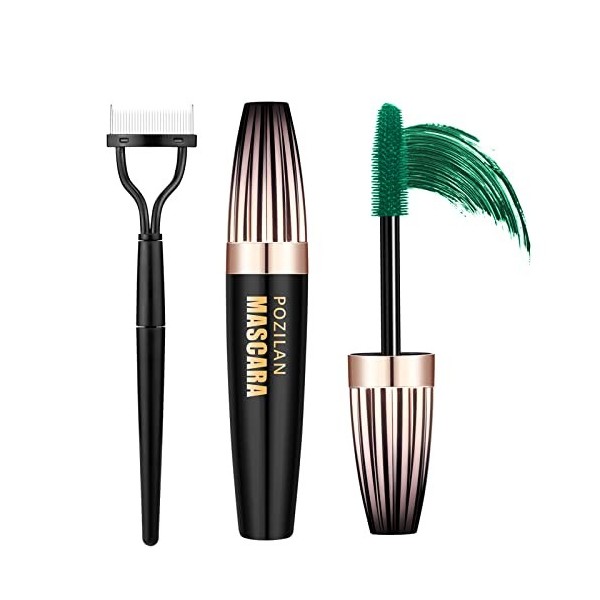 4D Silk Fiber Lash Mascara Waterproof Green with Eyelash Comb Set, Colored Mascara for Eyelashes Green Makeup - Lengthening, 