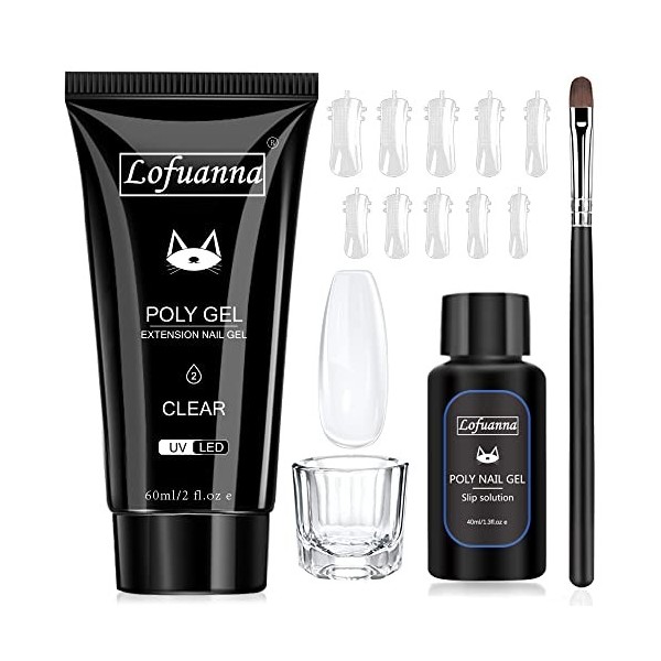 Lofuanna Kit Dextension Dongles en Poly Gel-60ML Clair Gel de Construction avec Solution Glissante,Forme dongle Pinceau à 