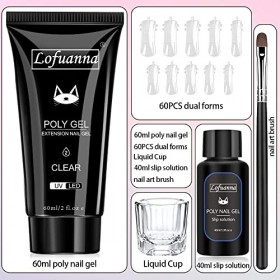 Lofuanna Kit Dextension Dongles en Poly Gel-60ML Clair Gel de Construction avec Solution Glissante,Forme dongle Pinceau à 