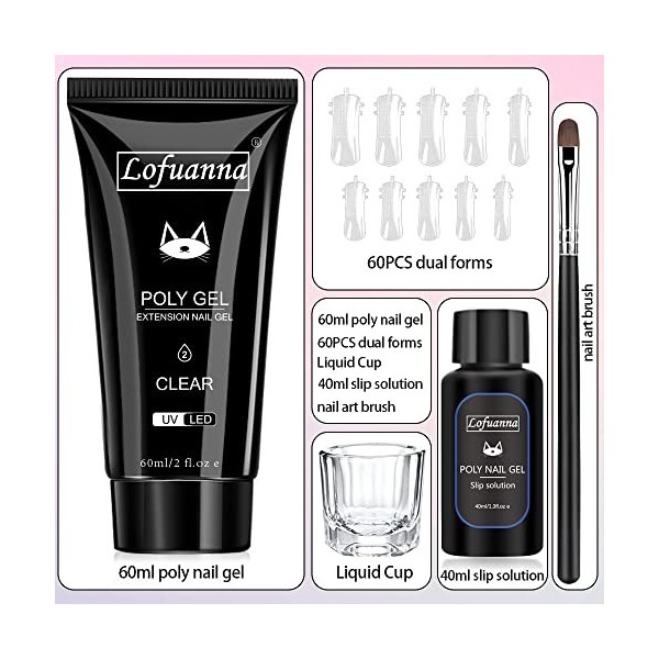 Lofuanna Kit Dextension Dongles en Poly Gel-60ML Clair Gel de Construction avec Solution Glissante,Forme dongle Pinceau à 