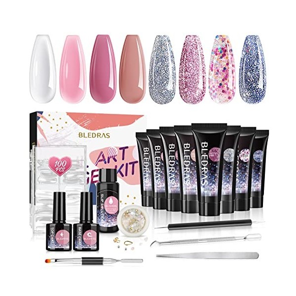 Ongle Gel Kit Complet 8*15ml, Nail Extension Gel, Kit Ongle Gel UV, Gel Construction Ongle Uv avec Décorations et Accessoires