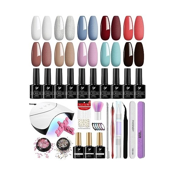 Kit Vernis Semi Permanent Complet, Phoenixy Kit Ongle Gel UV Complet avec 36W Lampe UV 10 Couleurs Vernis Gel 10 ML Vernis à 