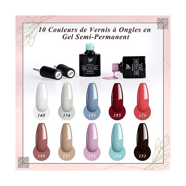 Kit Vernis Semi Permanent Complet, Phoenixy Kit Ongle Gel UV Complet avec 36W Lampe UV 10 Couleurs Vernis Gel 10 ML Vernis à 