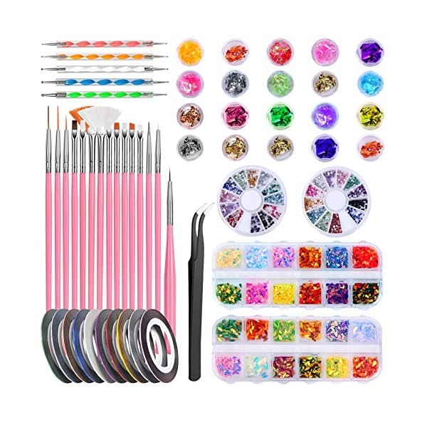 52 Pièces Kit de Nail Art, Nail Art Design Set avec 15 Brosse à Pinceaux, 5 Stylos Dotting, 4 Boîtes Ongles Strass, 18 Boîtes